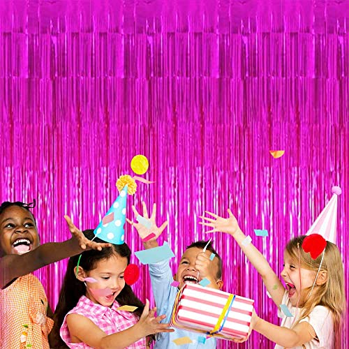 Image of 4 Pack Fuchsia Foil Fringe Curtain Backdrop,3.28Ft x 8.2Ft Metallic Tinsel Foil Fringe Streamer Curtains for Party,Photo Booth Props,Birthday,Graduation Decoration Party Supplies