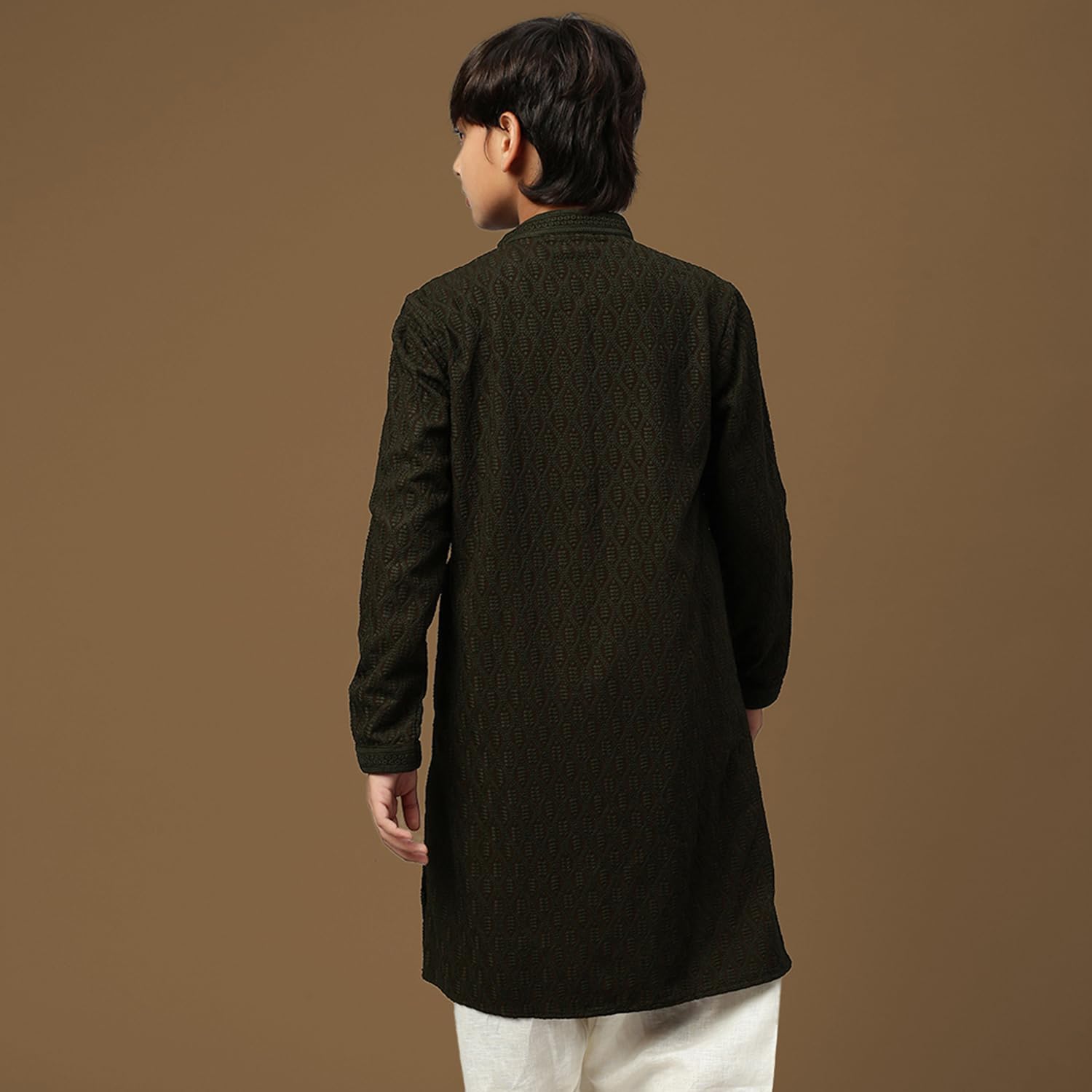Sanwara Unleash Your Style with Boys Solid Olive Green Chikankari Designer Cotton Trendy Kurta (5-6 Years) 1