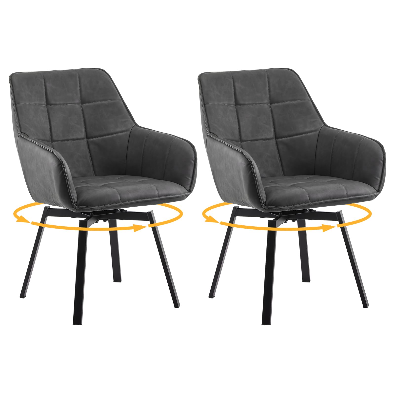 LEMROE 360° Swivel Dining Chairs Set of 2 Grey Faux Leather Upholstered Kitchen Chairs without Wheels Ergonomic Office Desk Chair with Arms and Metal Legs for Home Restaurant