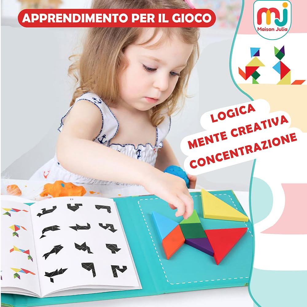 Tangram Bambini Magnetico - Gioco Educativo Montessori da 3 Anni - Puzzle Smart da Viaggio - Attività Calma Treno Aeroplano e Auto - Rompicapo - Regalo Natale Compleanno