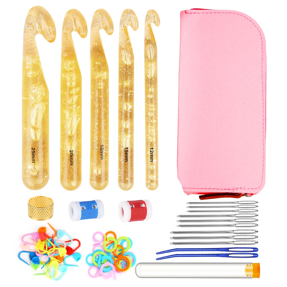 Easusy 61 Pcs Giant Crochet Hook Set Crochet Hook Set with Storage Case Ergonomic Knitting Needles Weaving Yarn Kits Craft Tools for Beginners and Seasoned Crochet Lovers