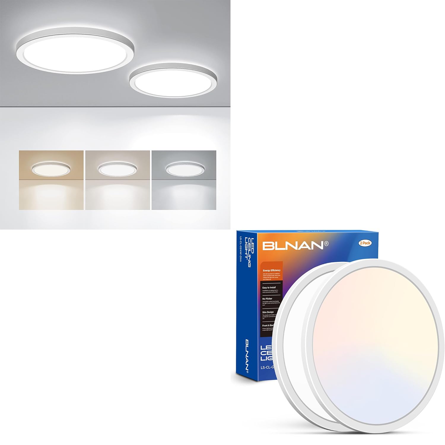 BLNAN 2 Pack LED Flush Mount Ceiling Light, 3000K 4000K 5000K