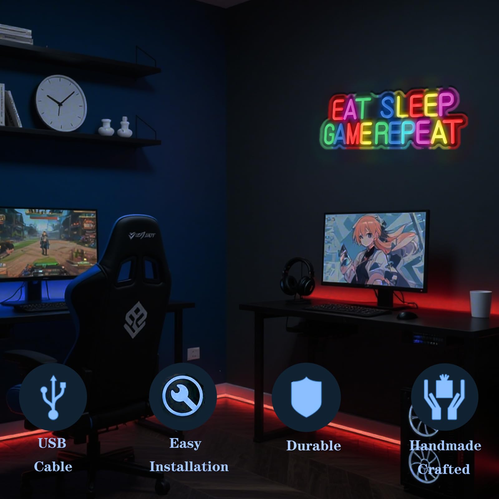 Luz de neón para jugadores, EAT SLEEP GAME REEAT, luz LED para decoración de sala de juegos, decoración de habitación de niños, luz de neón para jugadores, el mejor regalo para niños