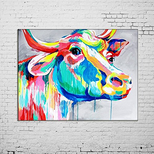 Damenight 100% Hand Painted Oil Painting on Canvas Oil Painting Color Cow Wall Art for Living Room Decor Hand Painted Oil Painting with Stretched Frame Wall Art,24x36inch