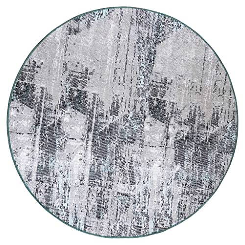 Benissimo, 5X5 Round White-Grey-Blue Washable Rug, Abstract Modern Printed Design, Non-Slip, 90% Cotton, Indoor Colorful Rugs For Bedroom, Living Room, Kitchen, Kids Room, Hallway, Entryway #TOP1