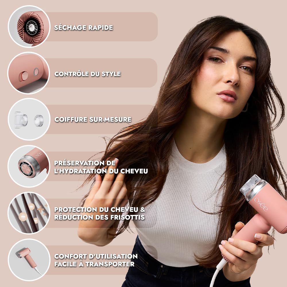 Osée - Hydra Blow - Sèche-cheveux puissant - 1,300 W, 2 Embouts magnétiques, 3 Températures, 2 Vitesses, Technologie ionique, Ergonomique & Léger
