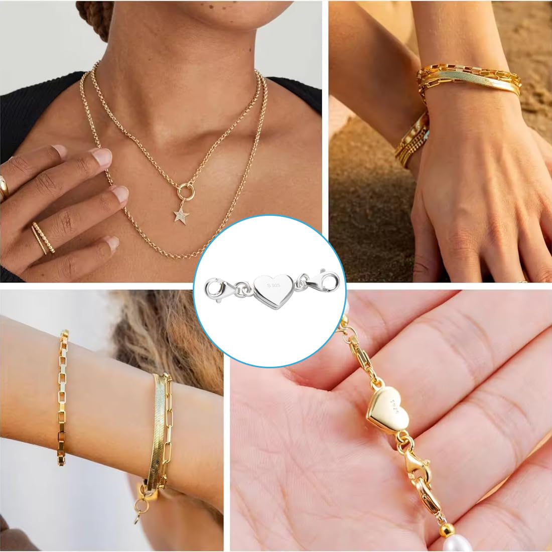 KOZOY 4-teiliges Herz Magnetverschluss Set - 925 Sterling Silber Für Ketten & Armbänder