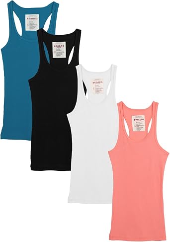 Zenana Outfitters 4 Pack Womens Ribbed Racerback Tank Top Large, 4 Pack - Black White Coral Jade