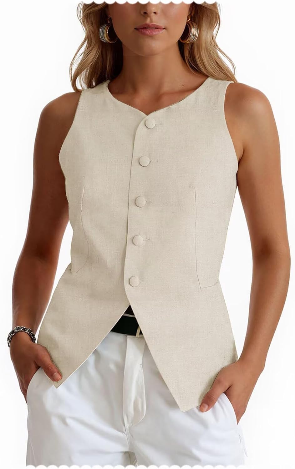Women's V-Neck Linen Suit Vest 5-Button Slim Fit Casual Lightweight Sleeveless Waistcoat