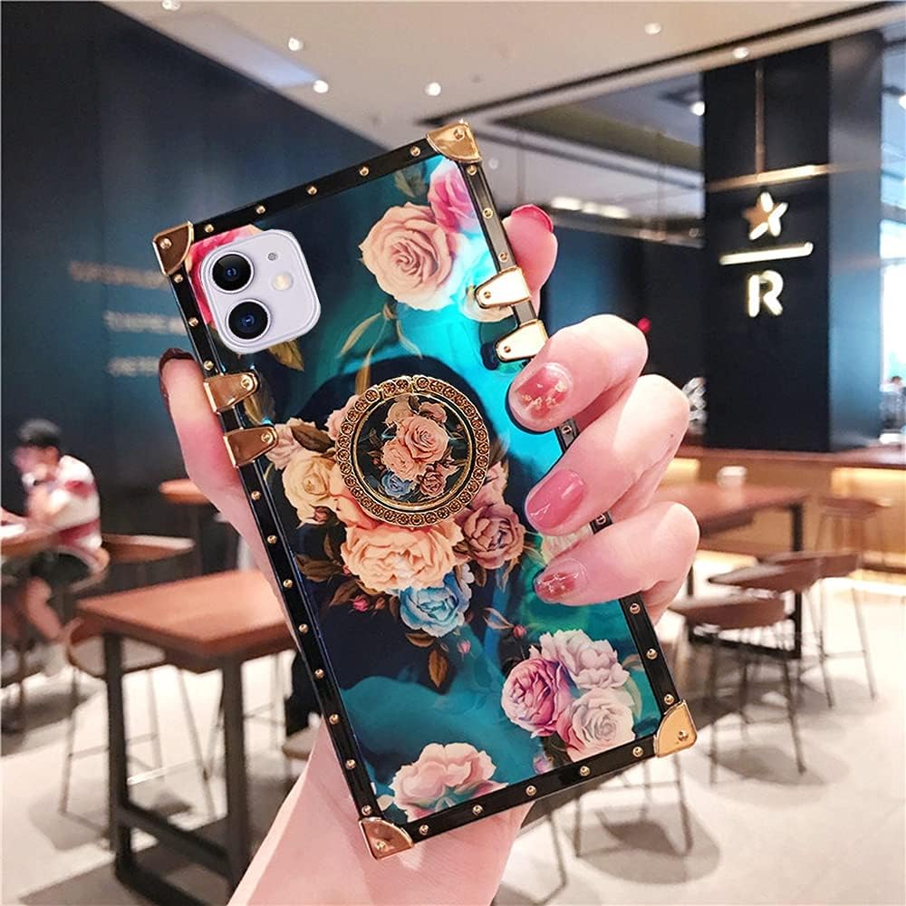for iPhone 12 /iPhone 12 Pro 6.1"(2020) Phone case, BabeMall Elegant Premium Flower Retro Color Blu - ray Scratch Proof Square PU Leather Protective Corner Back Cover Case -Flower 2