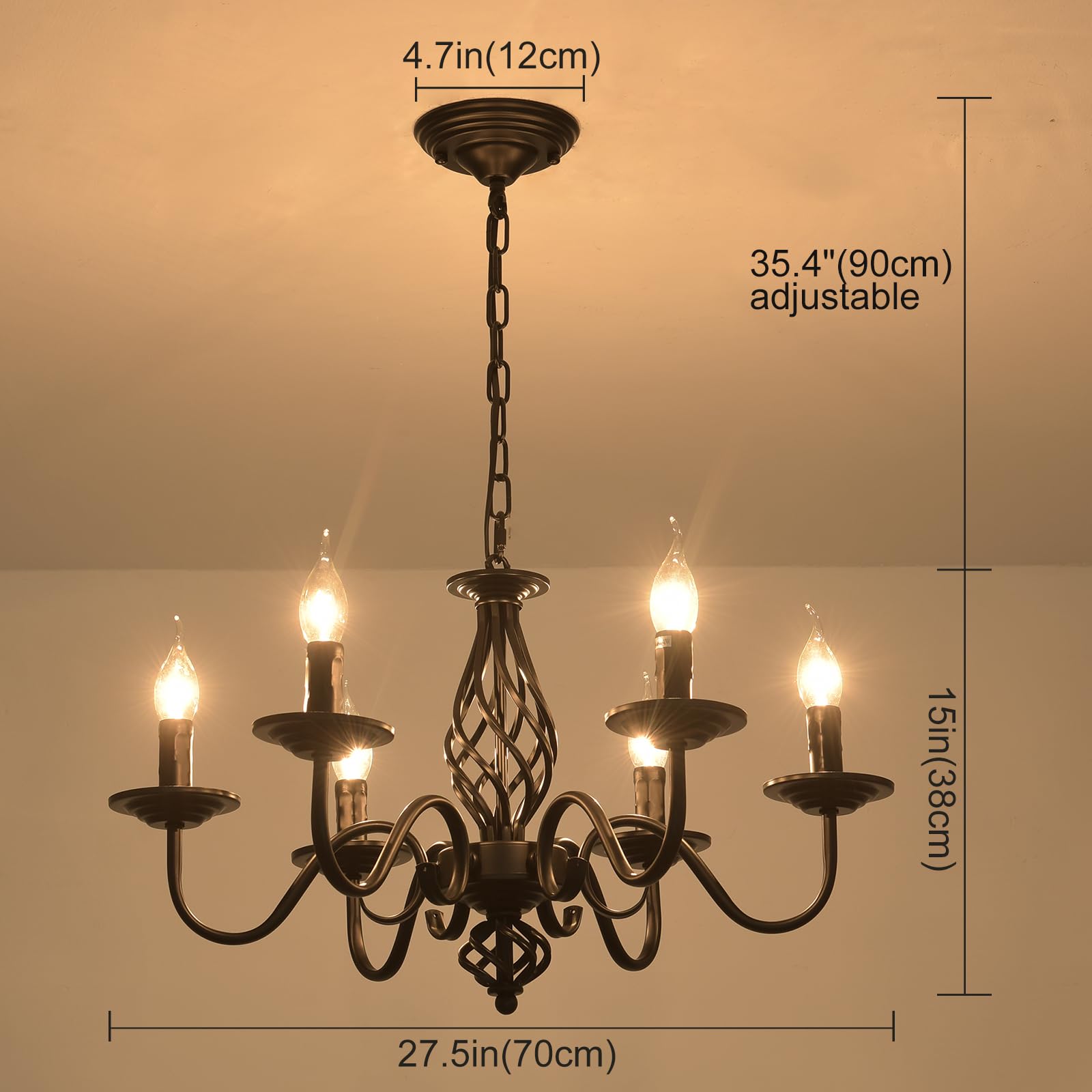 Lámpara de araña tradicional country, candelabro de hierro forjado ajustable en altura vintage negro, lámpara de techo de 6 luces lámpara colgante clásica para cocina, comedor, sala de estar