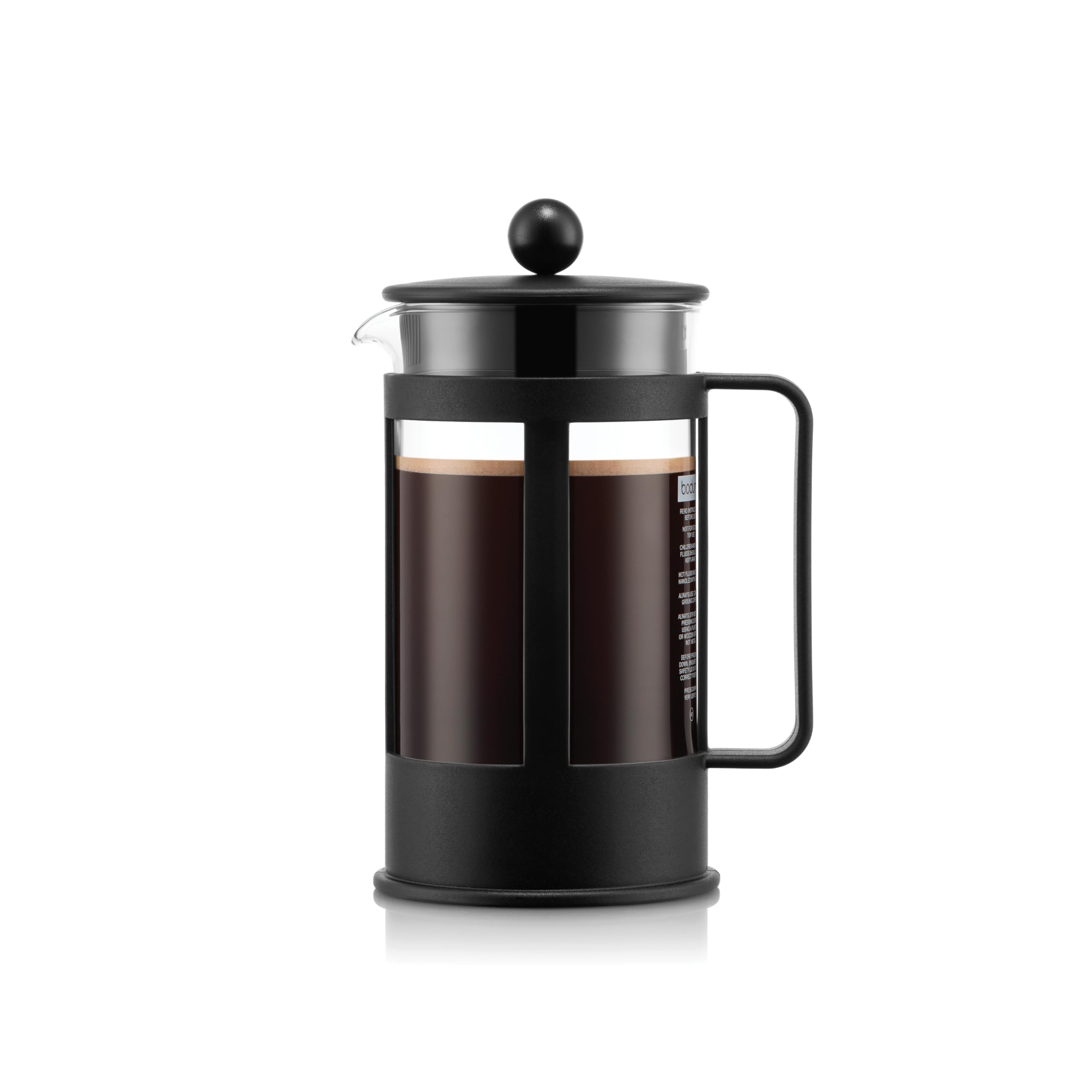 Bodum KENYA French Press Coffee Maker, 1L / 8 Cup Cafetière with Heat-Resistant Borosilicate Glass, Reusable Stainless-Steel Filter and Protective Plastic Frame, Black, 1788-01