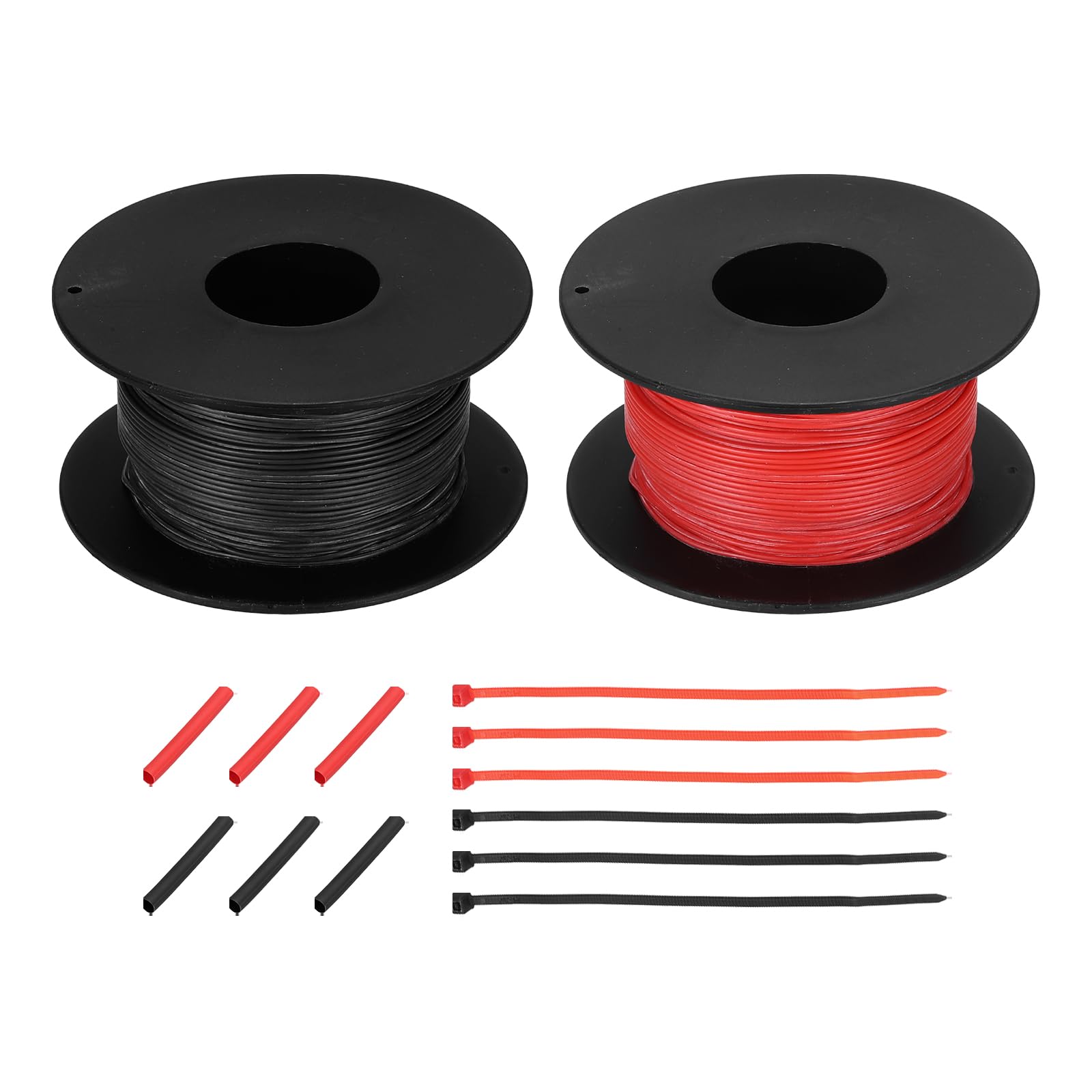 sourcing map 2pcs 30 AWG Silicone Electrical Wire Spool, 30 Gauge 61m/200ft Tinned Copper Electrical Wires with Heat Shrink Tubing & Cable Ties for Automotive, RV Inverter - Red & Black