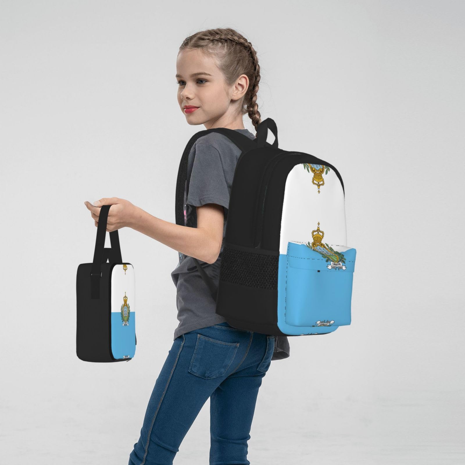 Flaga San Marino plecak dziecko chłopcy dziewczęta pudełko na lunch szkoła torba zestaw uczniów szkoły student prezent, Czarny, One Size, Bagaż