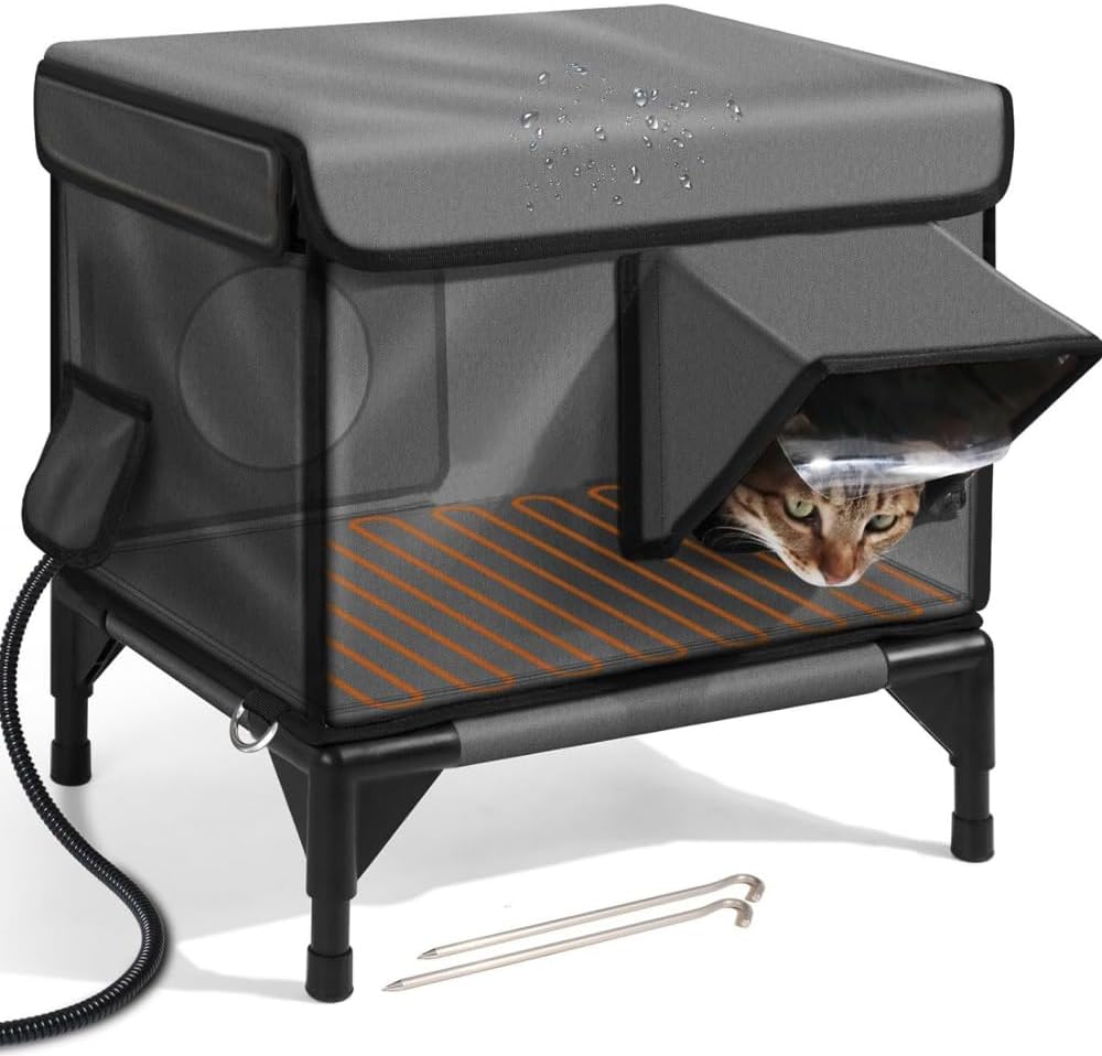 Nihig加熱式屋外猫ハウス、13cm高台ベース付き野良屋外猫シェルター