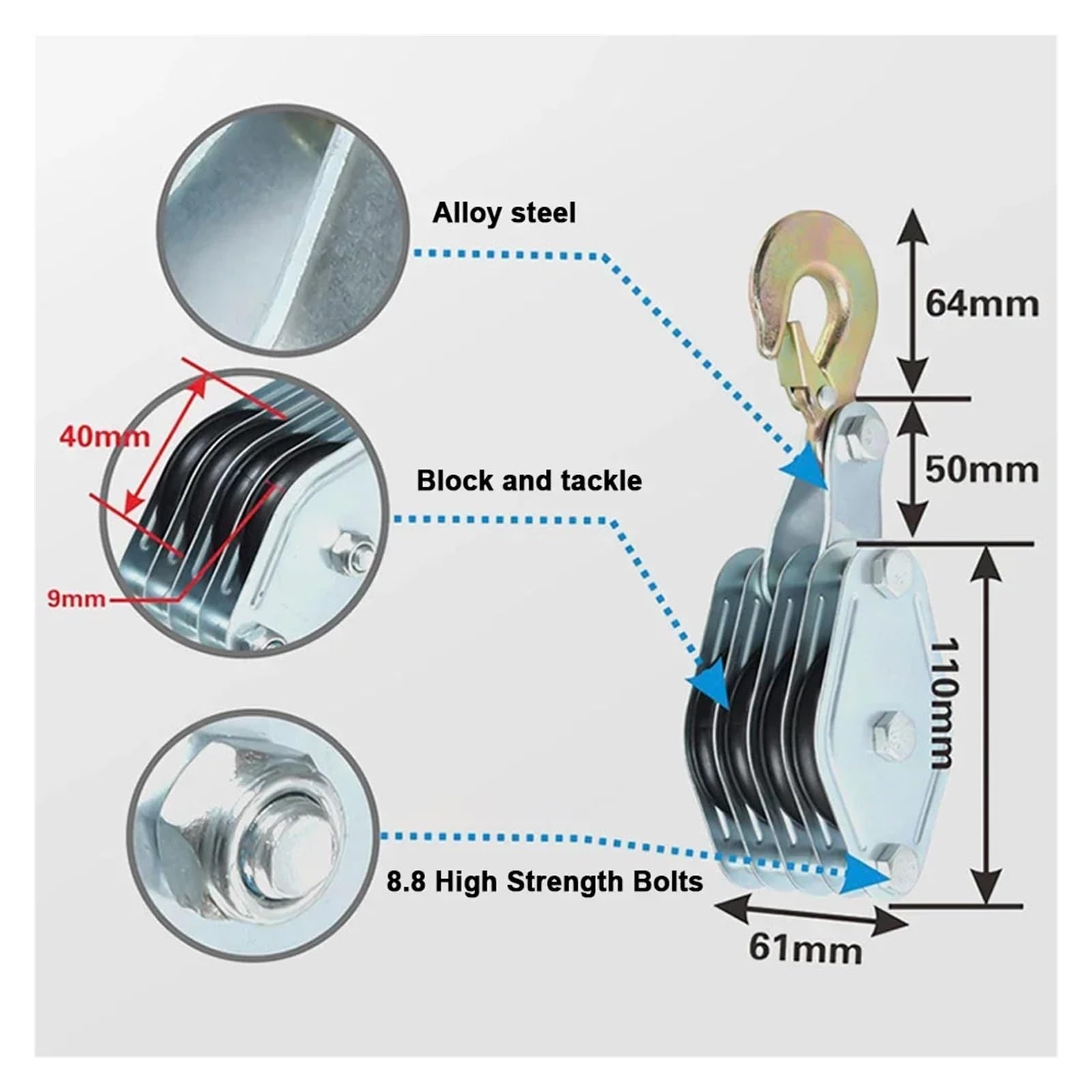 270 ° drehbare Seilrolle mit Haken aus Zinklegierung, robuster manueller Hebebügel, hochfester Polyethylen-Block, 997.9 kg Hebevorrichtung für effiziente Lasthandhabung