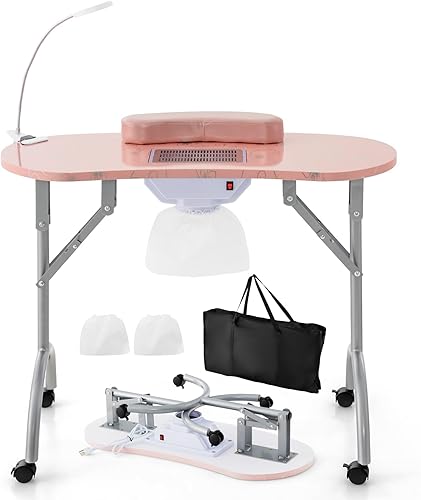 Miniatura 10 de Safstar - Mesa de uñas portátil de 35 pulgadas, estación de uñas plegable con colector de polvo eléctrico, lámpara de mesa LED flexible, bolsa de