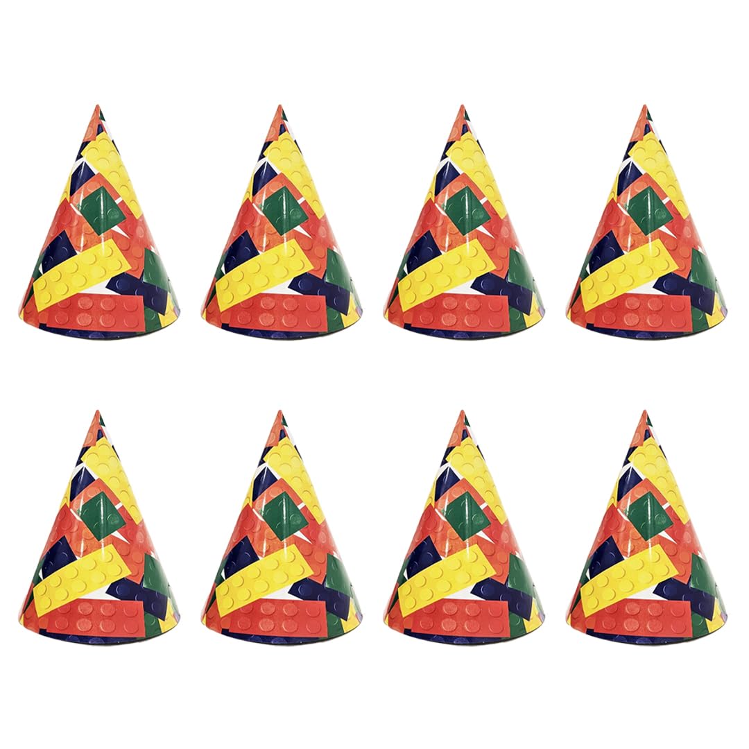 WANNA PARTY Bulding blocks Theme Party Hats, Happy Birthday Hat For Kids, Kids Birthday Decoration item- Pack of 8
