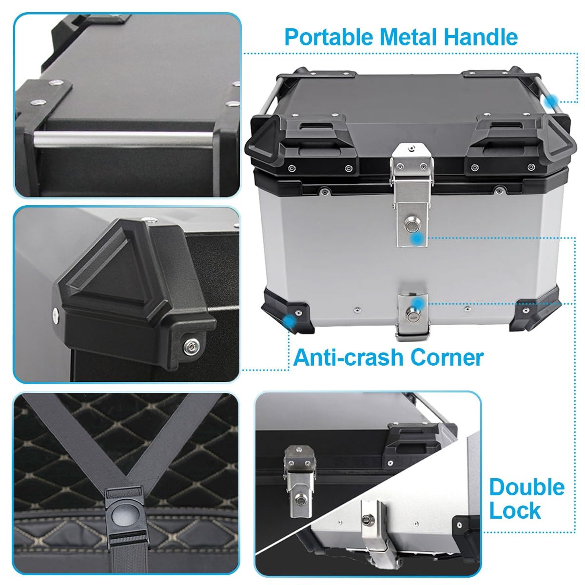 Baúl de Aluminio para Moto 45L 55L 65L 80L 100L, Maleta Top Case Impermeable, Maletero de Motocicleta, Caja para Scooter con Placa de Montaje y Respaldo (Plata, 55 L)