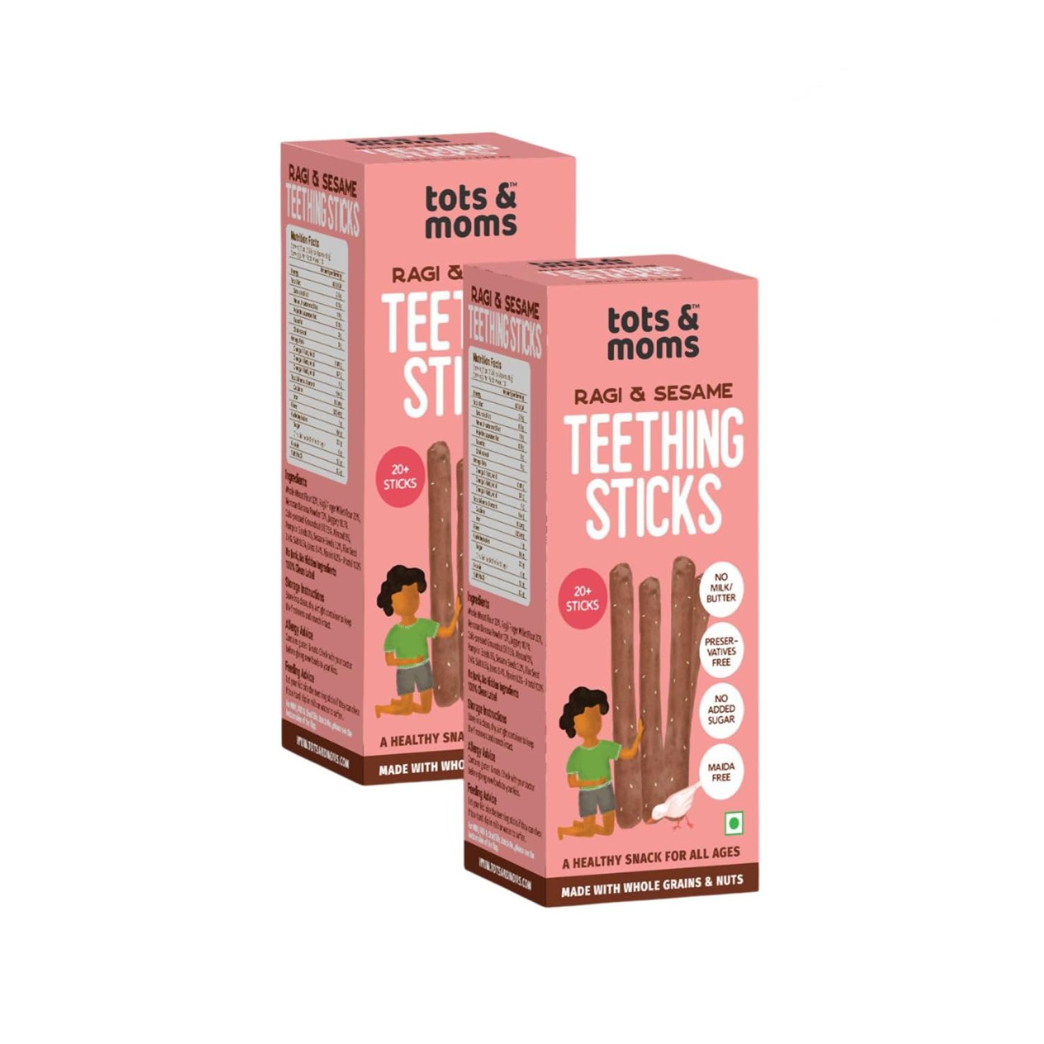 Tots and Moms Ragi, Banana, Sesame Teething Sticks Made with Jaggery for Kids, 12Months+, Pack of 2-150g Each | No Maida, No Sugar, No Preservatives | Healthy Bites for Kids