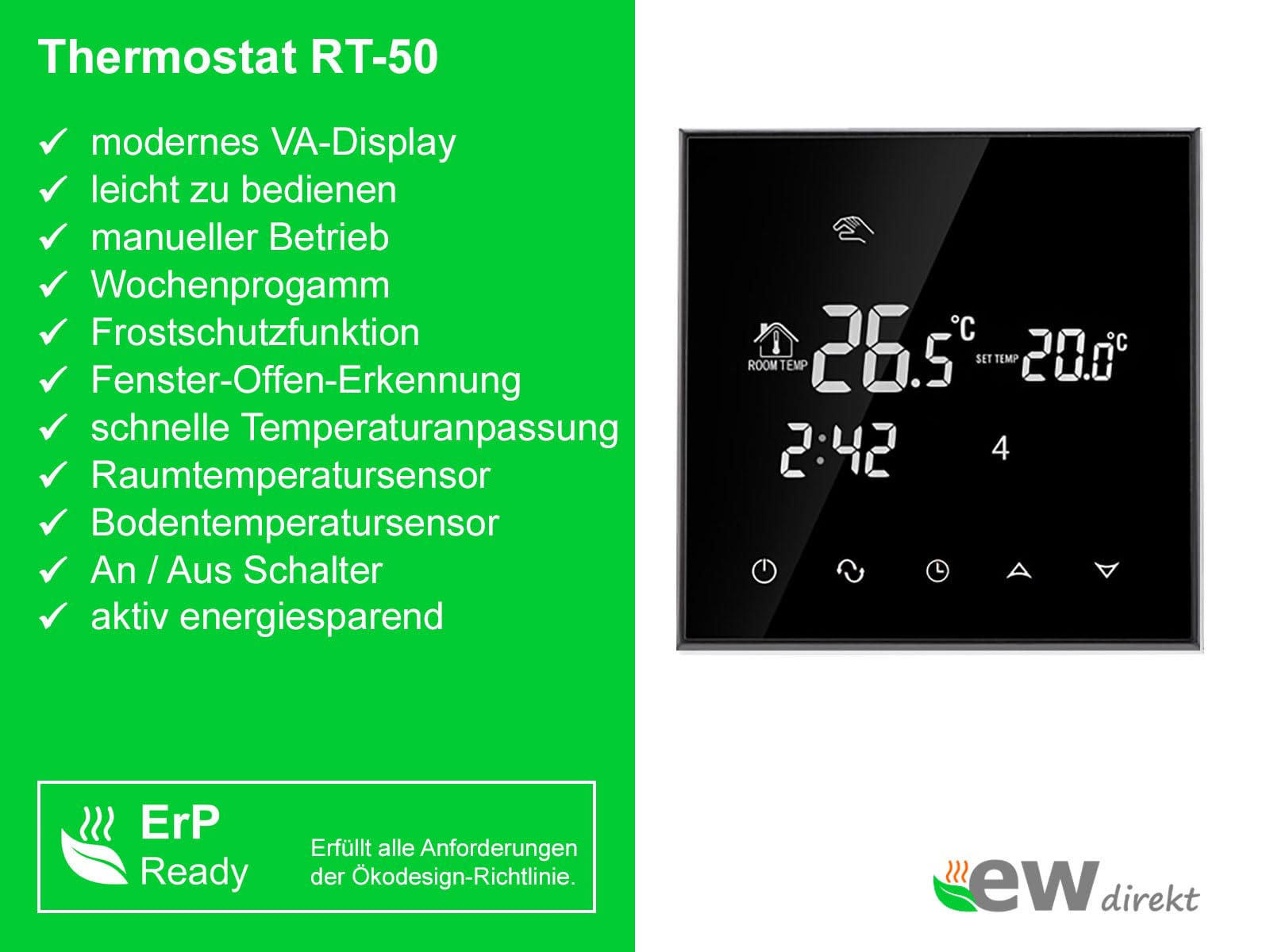 Komplett-Set elektrische Fußbodenheizung UltraPro 160 für Fliesen, Naturstein mit Thermostat RT-50 schwarz (4 m² - 0,5 x 8 m)
