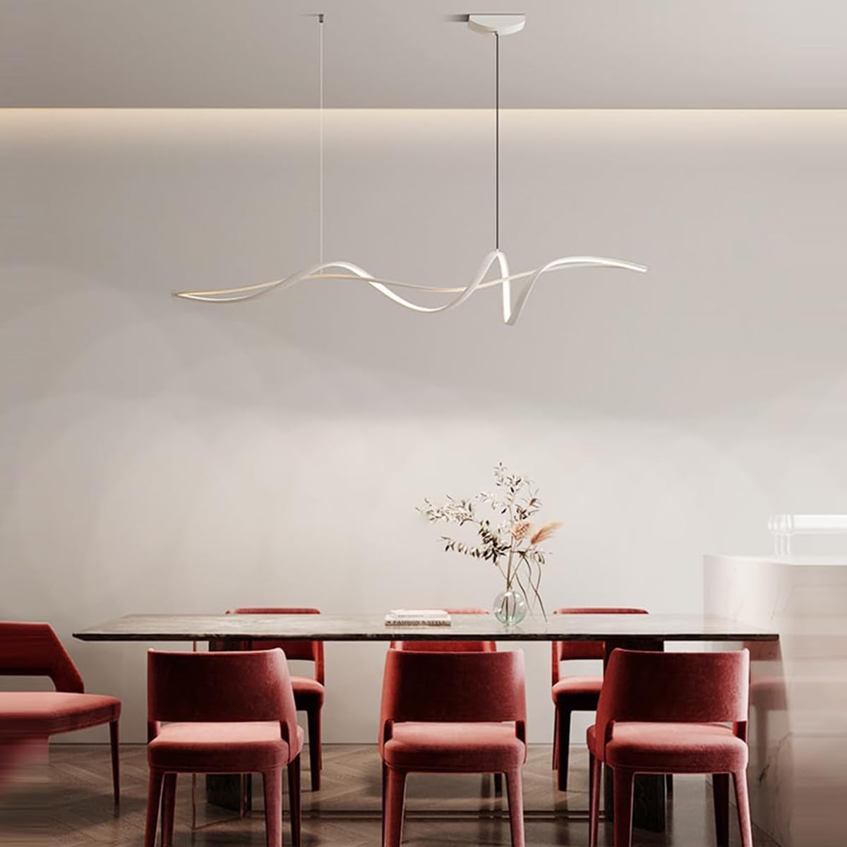 Aleaty LED Dining Table Pendant Lamp Modern Creative Pendant Lamp Dimmable Waveform Design Chandelier with Remote Control Height Adjustable Interior Lighting for Kitchen (White, L100cm)