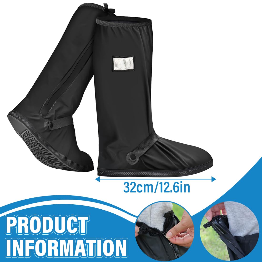Paire de Surchaussures Imperméables Hautes avec Fermeture Éclair et Bandes Réfléchissantes, Couvre Chaussure Antidérapant pour Moto, Vélo, Randonnée sous la Pluie et la Neige