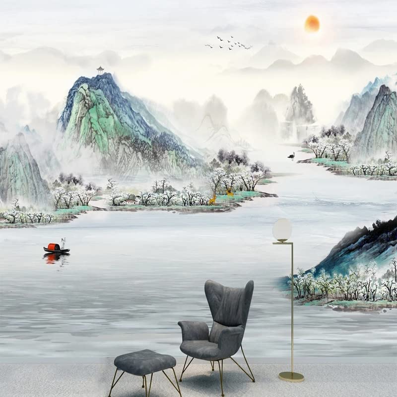 Peinture murale encre chinoise 400x280cm pour agrandir un salon et masquer les défauts