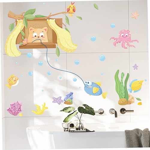 Miniatura 6 de Pegatina de pared de pesca de gatito para dormitorio de niños, calcomanías de pared para aula, decoración de pared bajo el mar, calcomanías de pared