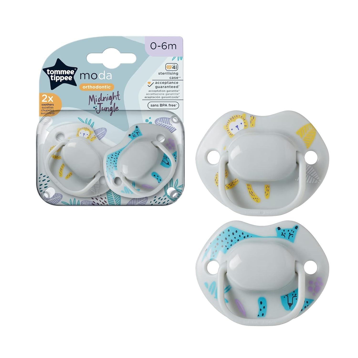 Tommee Tippee Moda Soothers for Newborns, Symmetrical Orthodontic Design, BPA-Free Silicone Baglet, Includes Steriliser Box, 0-6m, Pack of 2, OffWhite
