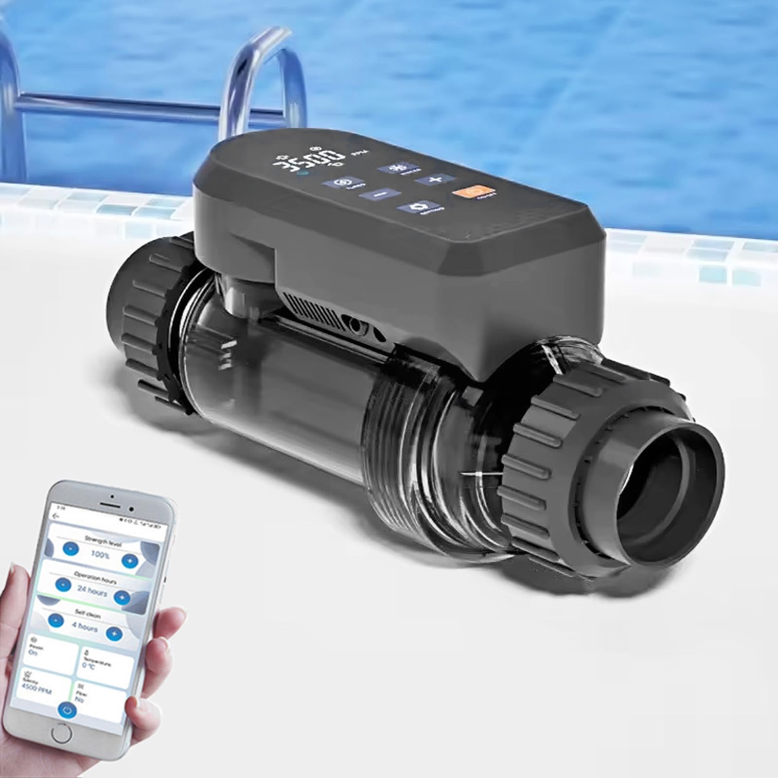 Clorador Salino para Piscinas, Generador de Cloro Salino con Control App Inteligente, Sixs Alarmas, Autolimpieza, Ajuste de Salida del 5-100%, para Piscinas de hasta 60.000 GAL,15g/h