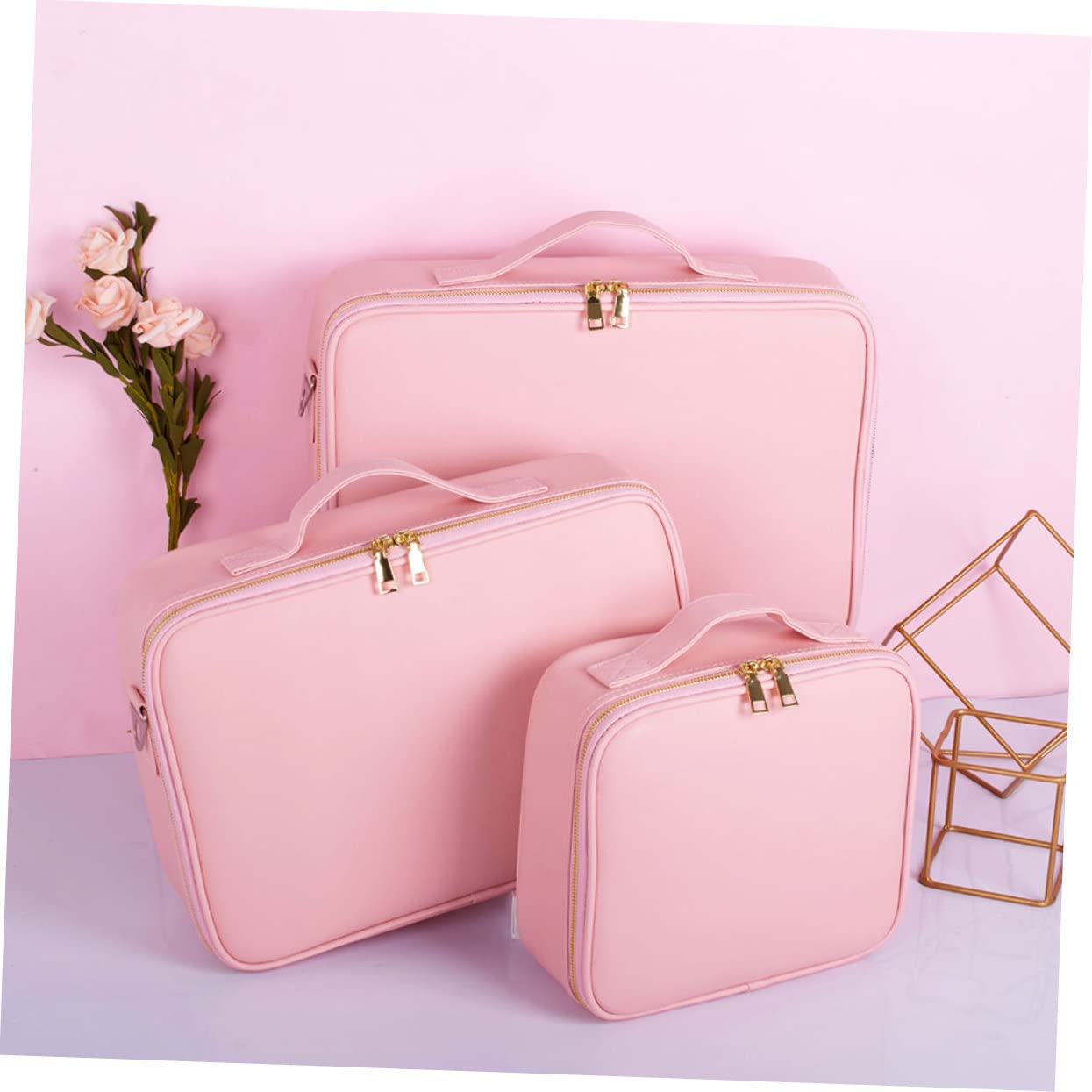Estuche de Maquillaje Rosa de Gran Capacidad en PU