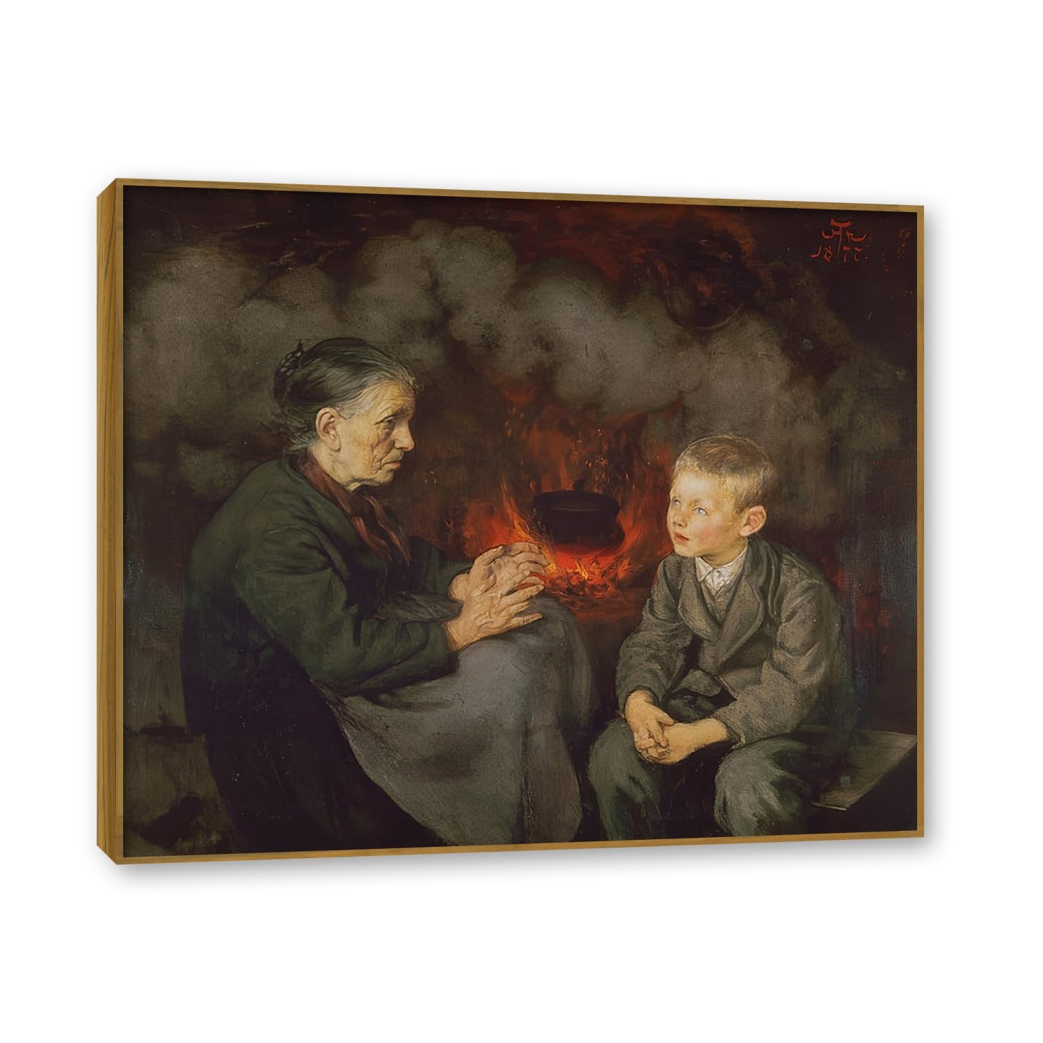 NHLDZYH Teak Frame. Hans Thoma Style Canvas Wall Art - (Grandma Tells Fairy Tales), German Romantic Realism Painting with Symbolic Nature, Rustic Country Home Decor. 30x36cm-11.8x14.2in