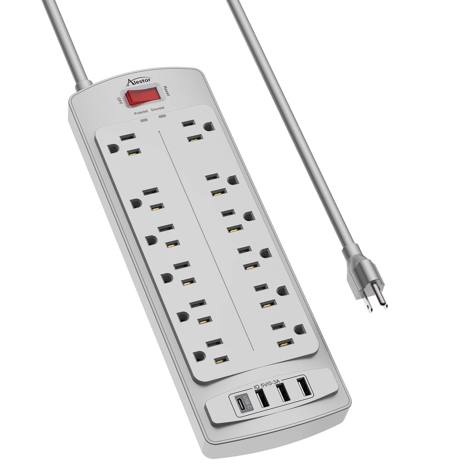 Power Strip, ALESTOR Surge Protector with 12 Outlets and 4 USB Ports, 6 Feet Extension Cord (1875W/15A), 2700 Joules, ETL Listed, Grey