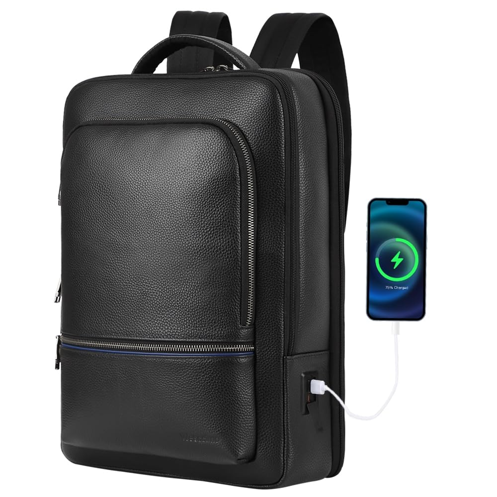 Wesccimo Full Grain Genuine Leather Backpack for Men Multi-Functional 15.6" Laptop Backpack with USB Charging, Black Business Travel Backpack Work