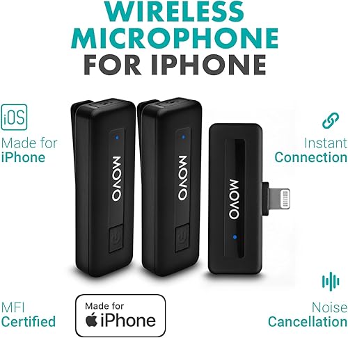 Miniatura 2 de Movo Micrófono inalámbrico Mini DI Duo para iPhone, micrófono iPhone para grabación de video con clip Lavalier para iPhone 10 HR, batería de 164