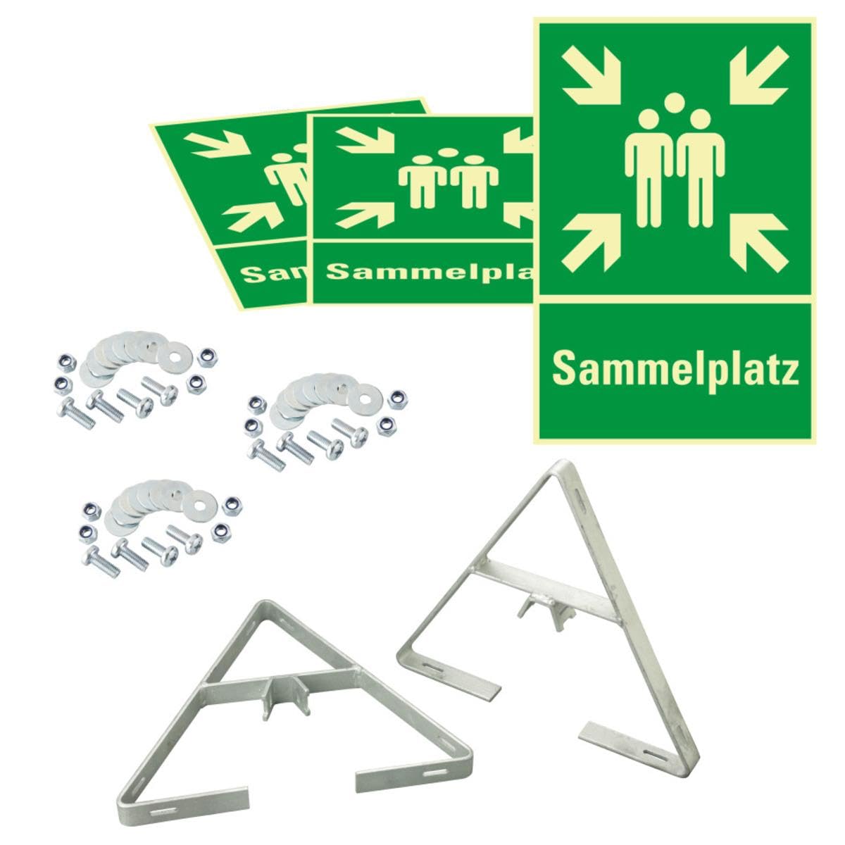 langnachleuchtendes Dreieckset Sammelstelle, Aluminium, 400x600 mm, inkl. Befestigungsset, 3 Schilder