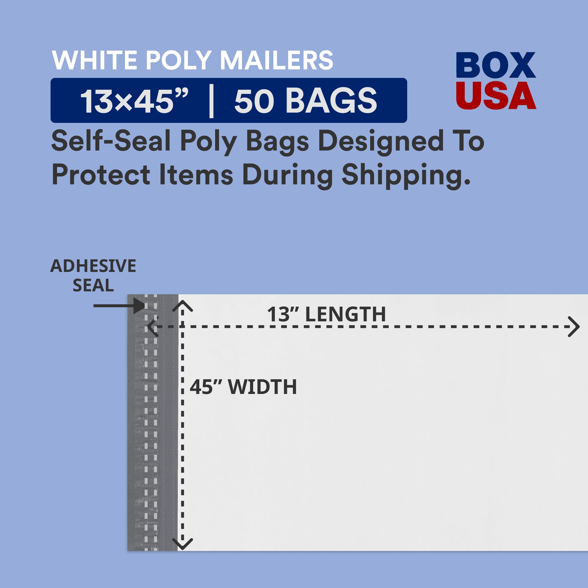 White Long Poly Mailers 13x45 Inches - Pack Of 50 Self-Sealing Shipping Envelopes For Large Items