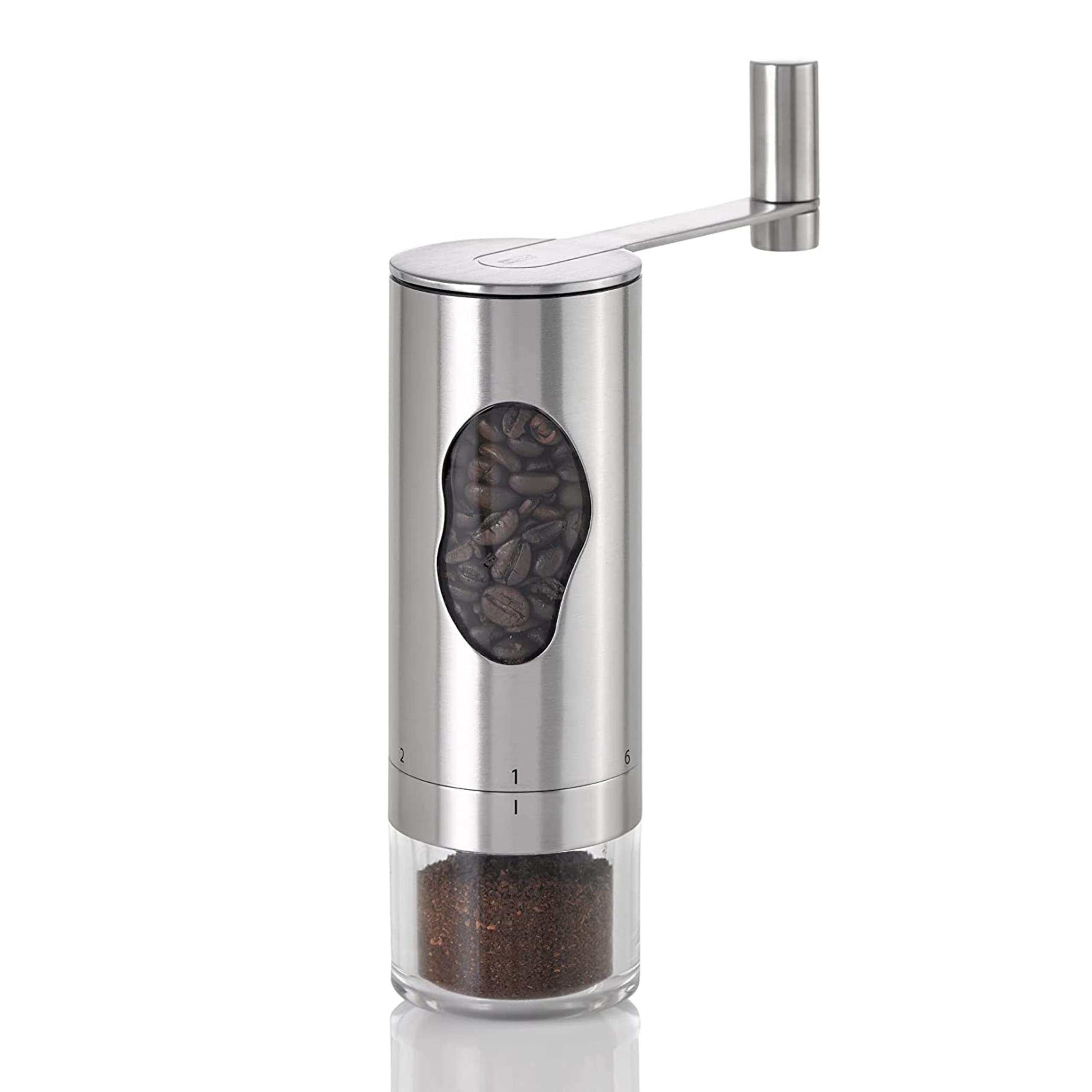 AdHoc Mrs. Bean Stainless Steel Manual Coffee Grinder with key features labeled: 7 inch height, Stainless Steel, Manual Coffee Grinder, Adjustable Grind