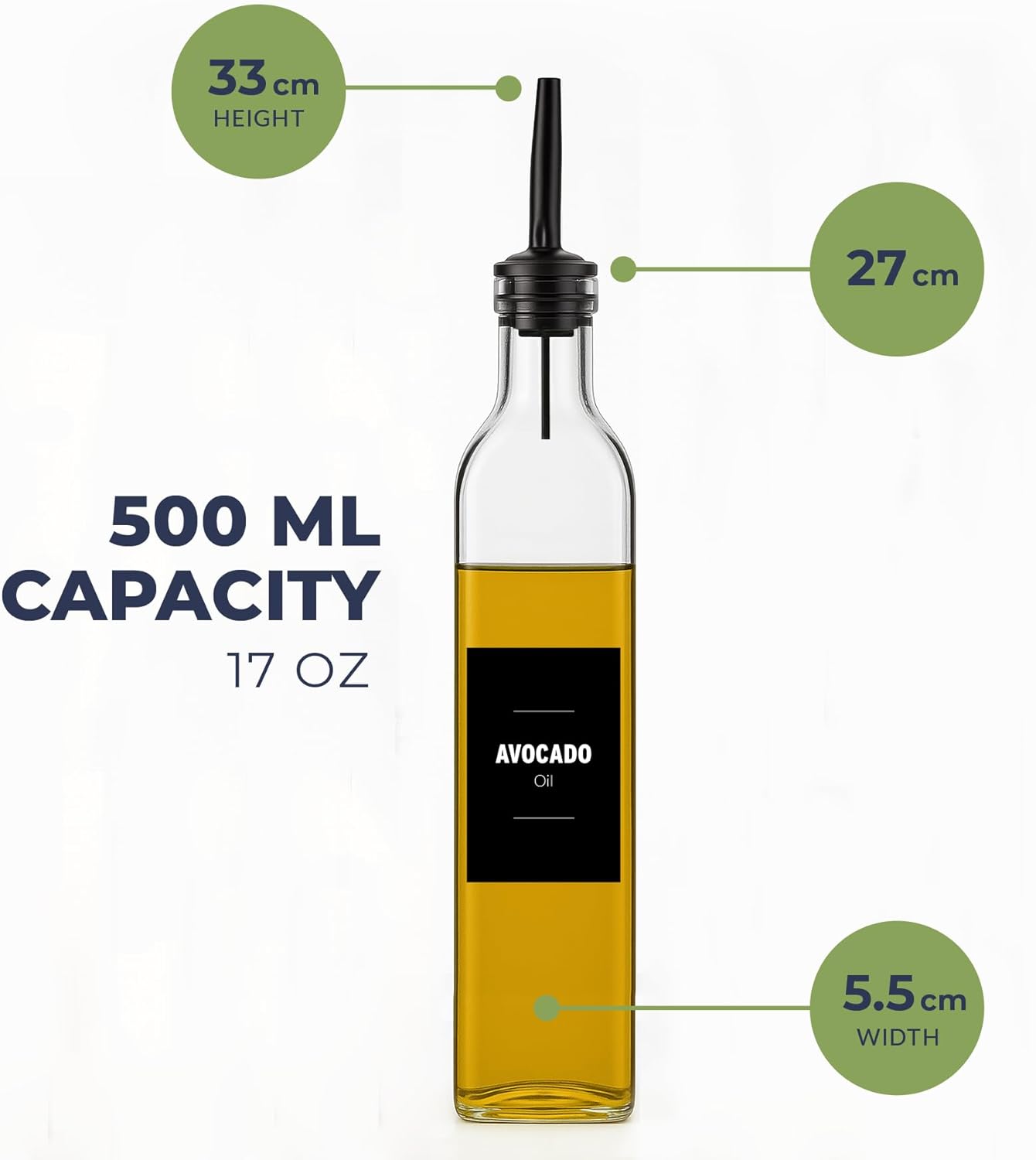 Olive Oil & Vinegar Dispenser Bottle Set with Stainless Steel Pourer, Funnel & Labels - Glass Kitchen Oil Cruet - Dispenser Bottle for Coffee Syrup, Soy Sauce, Cooking Sauces & More - 500ml - Set of 4