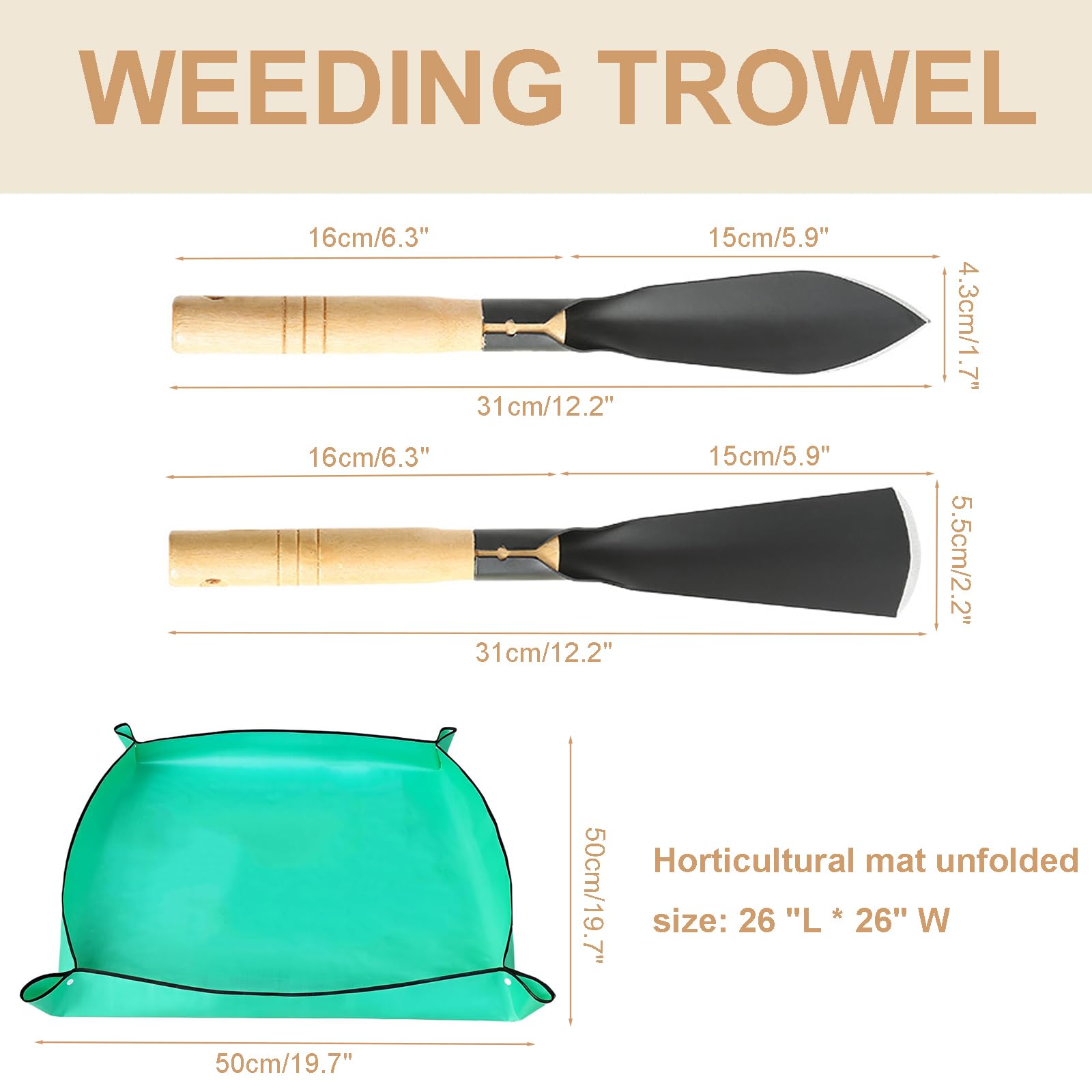 3Pcs Garden Hand Trowel Plant Repotting Mat, Heavy Duty Polished Steel Garden Shovels with Wood Handle, Small Gardening Hand Tools for Digging, Planting, Measure, Transplanting