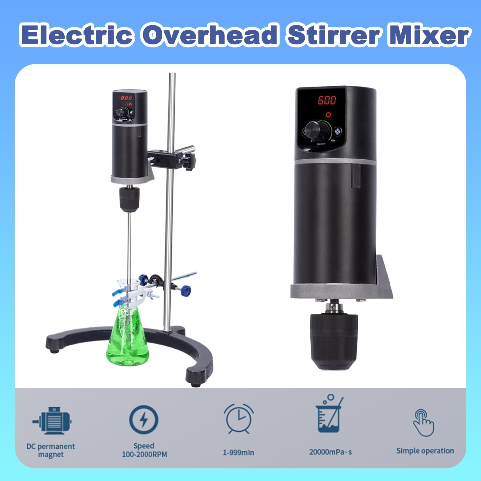 Miscelatore elettrico in testa, miscelatore di laboratorio di precisione con velocità regolabile 100-2000 giri/min, display a LED, timer 1-999 min, per industria chimica e ricerca