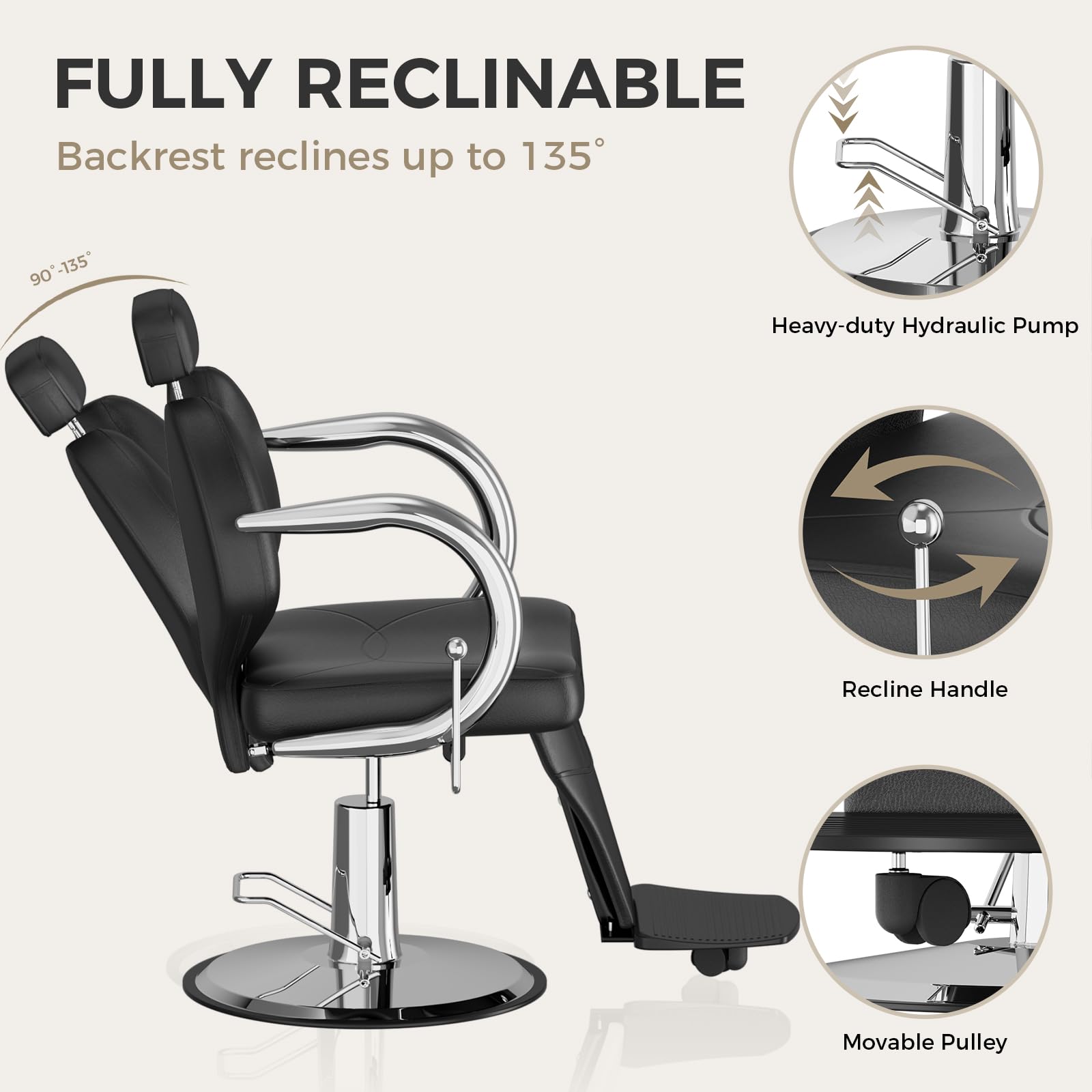 Sillón de Peluquería, Silla de Peluquero Hidráulica Reclinable Barber 360° para Peluquerí, Salón de Belleza, 61 x 57 x 91-104 cm (Negro)
