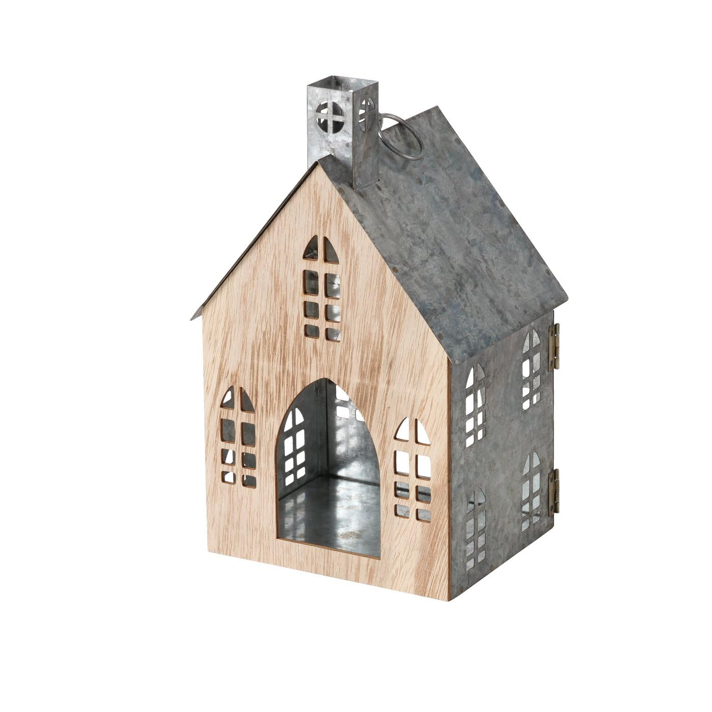 Boltze Home Laterne Lichthaus Zürich 2er-Set Silberfarben Natur Hausform Metall Holz Teelichthalter Kerzenhalter Dekoration für Innenbereich