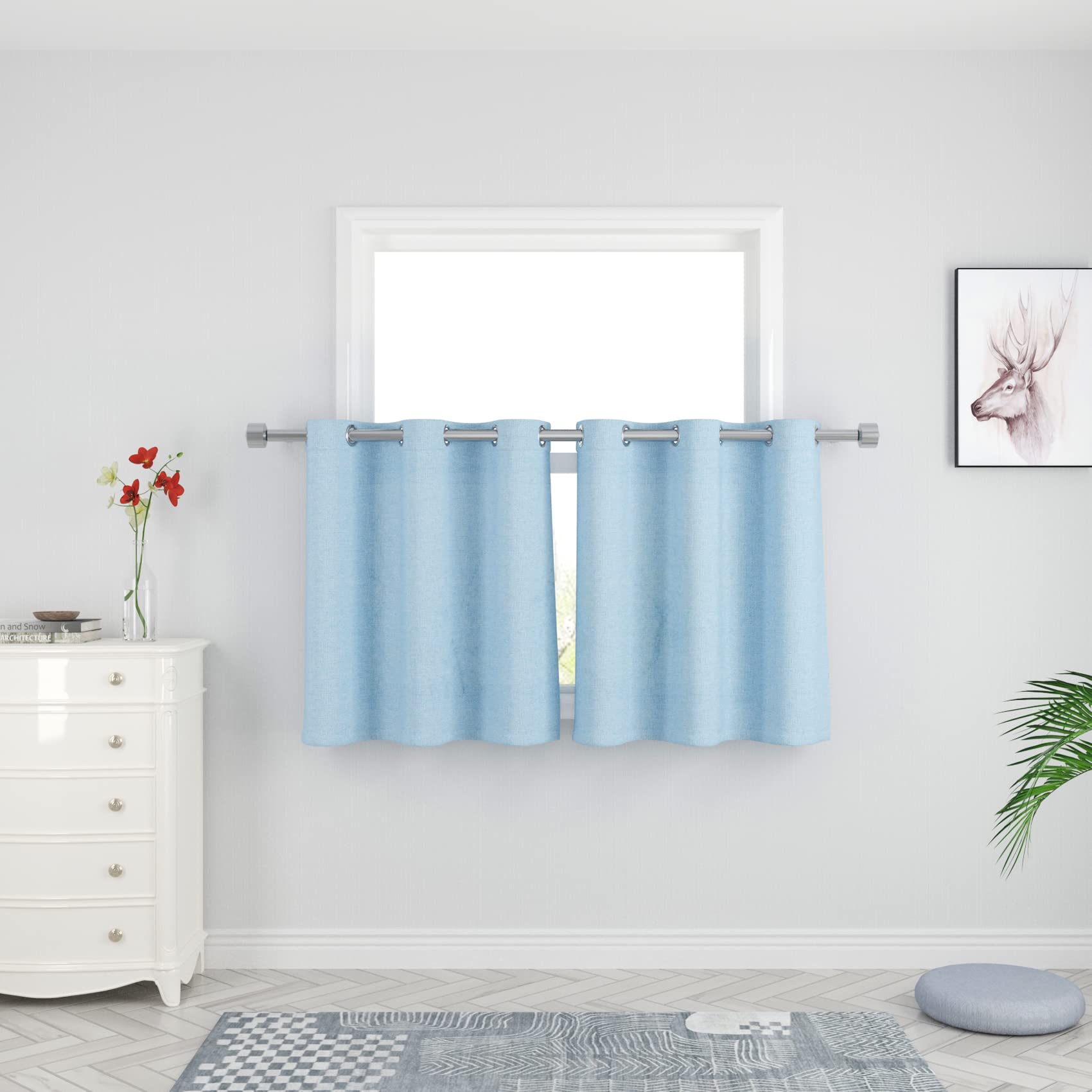 UPOPO Curtains Short Sky Blue Kitchen Tiers 24 inches Long Linen Textured Privacy Cafe Curtains Over Sink Cabinet Caravan Mini Bathroom Small Basement