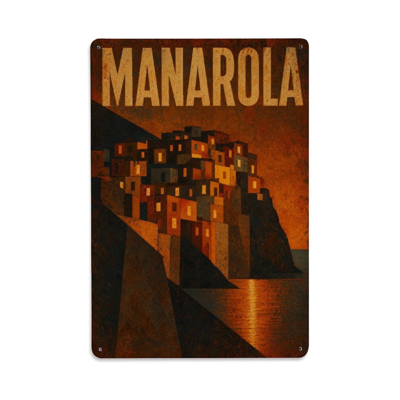 Huiyhb 8X12inch(20X30cm) Vintage Travel Manarola Evening Lights Glowing Village Italy Metal Tin Sign