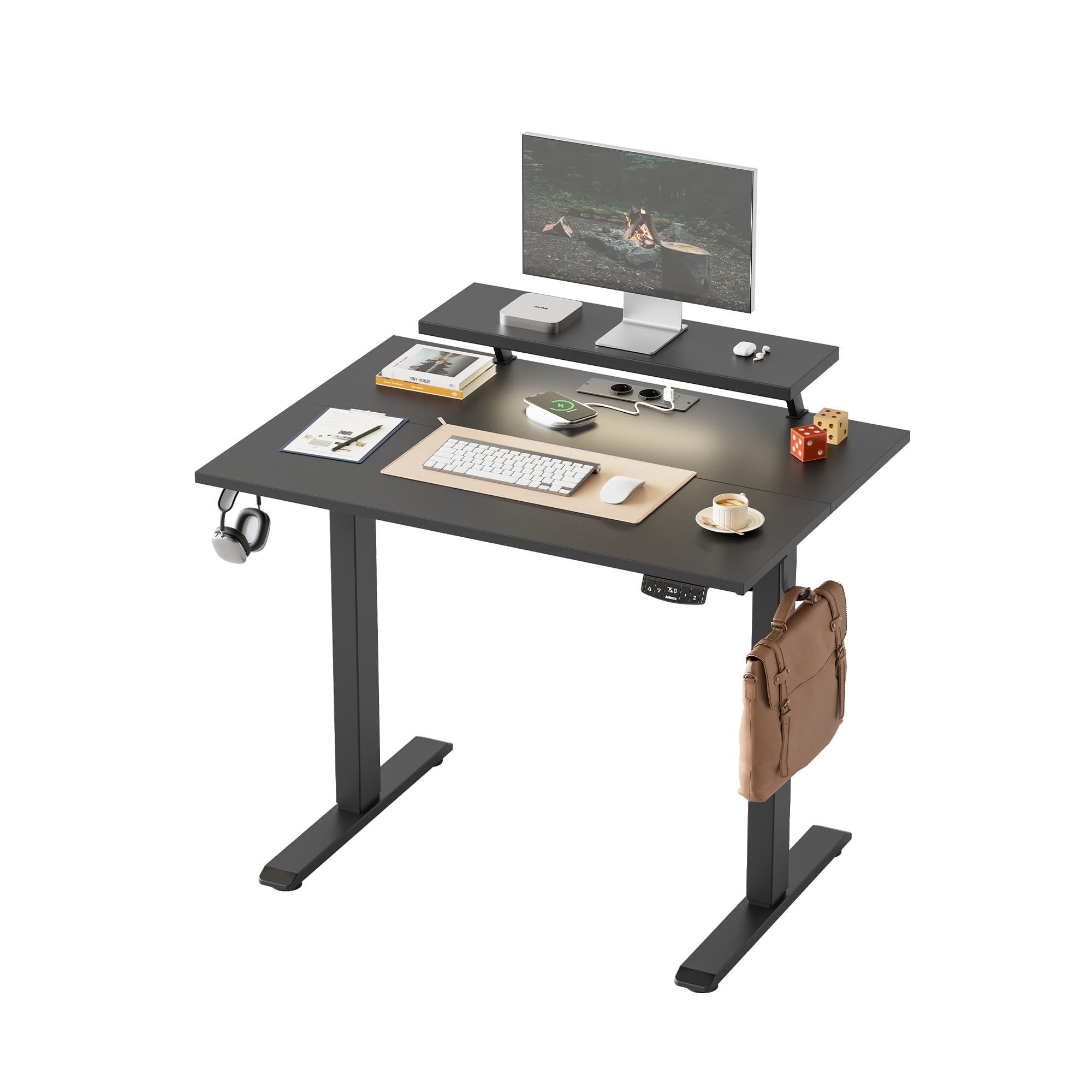 Klicelor Höhenverstellbarer Schreibtisch mit LED&Steckdosen, 100x60cm, Beweglicher Monitorständer für Gaming und Büro, Standing Desk mit 2-teilige Tischplatte, Schwarz