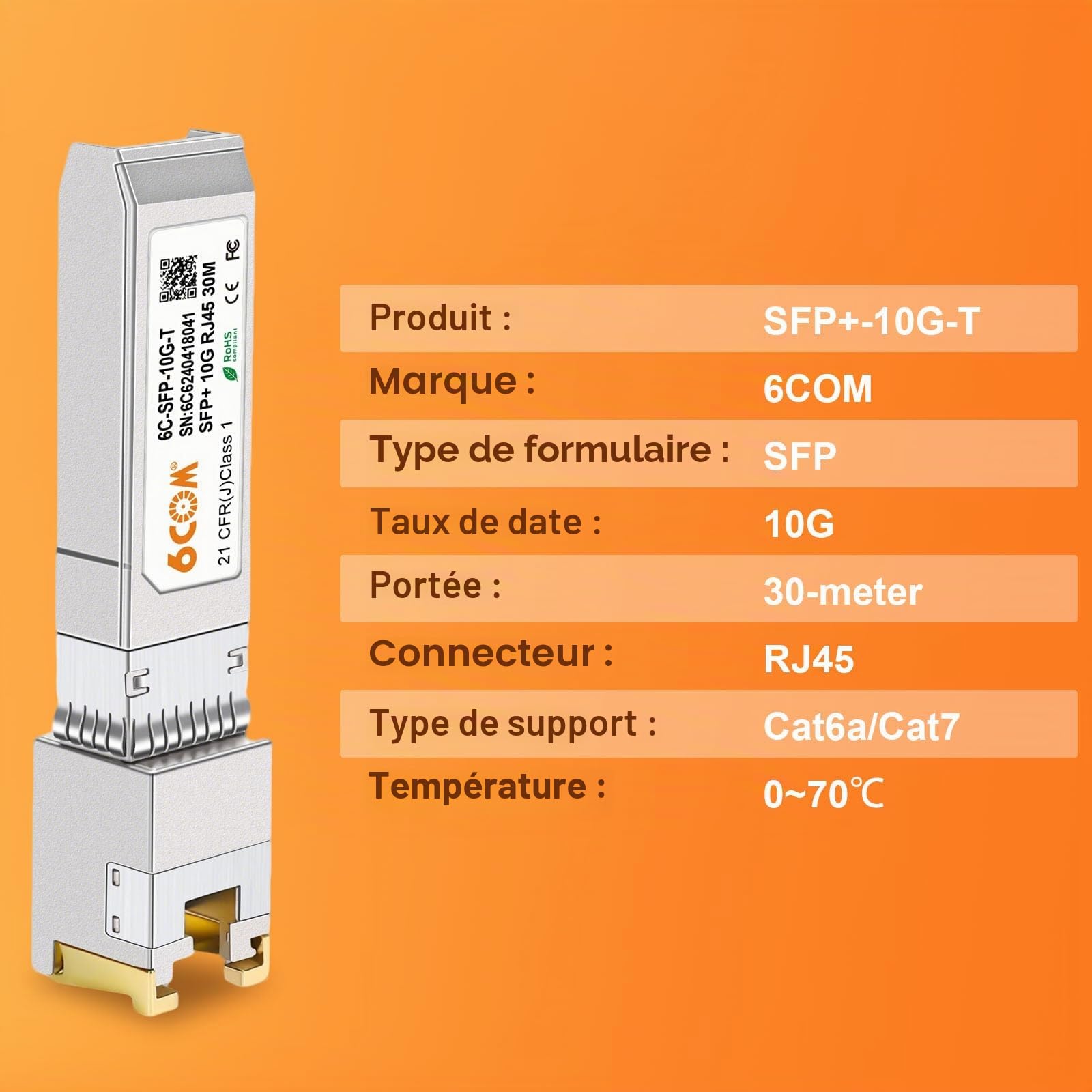 1 pièce 10G SFP+ RJ45 module cuivre, 10GBase-T SFP+ à RJ45 Transceiver, CAT6A/CAT7, 30m, échangeable à chaud, Compatible avec Cisco SFP-10G-T-S/Ubiquiti UF-RJ45-10G/MikroTik S+RJ10/D-Link (1