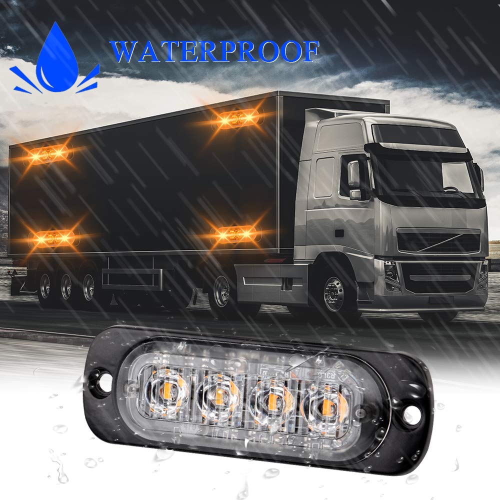 Kit 4 Luci Stroboscopiche LED Amber Da 12 LED – Ultrasottili, Impermeabili IP65, Per Auto Camper Furgone E Camion, 12-24V