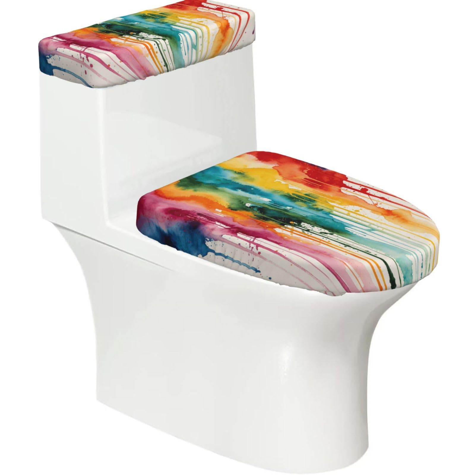 Paint Flow Lines Elastic Toilet Cover Set of 2-Stretchy Lid and Tank Covers for Bathroom, Soft Washable U Shape Toilet Decor